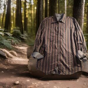 Johnson and Murphy Shirt Large Brown Black Button Long Sleeve Men Geometric 840